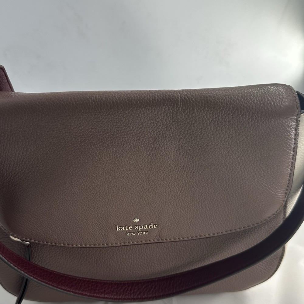 Kate Spade Genuine Medium Flap Shoulder Handbag Colorblock Tan/Maroon
